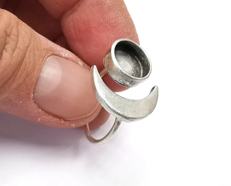 Crescent Moon Silver Ring Blank Base Bezel Settings Cabochon Base Mountings Adjustable , Antique Silver Plated Brass (10mm Blank) G27638
