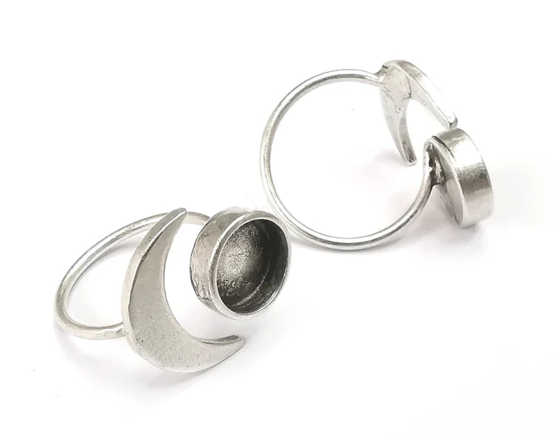 Crescent Moon Silver Ring Blank Base Bezel Settings Cabochon Base Mountings Adjustable , Antique Silver Plated Brass (10mm Blank) G27638