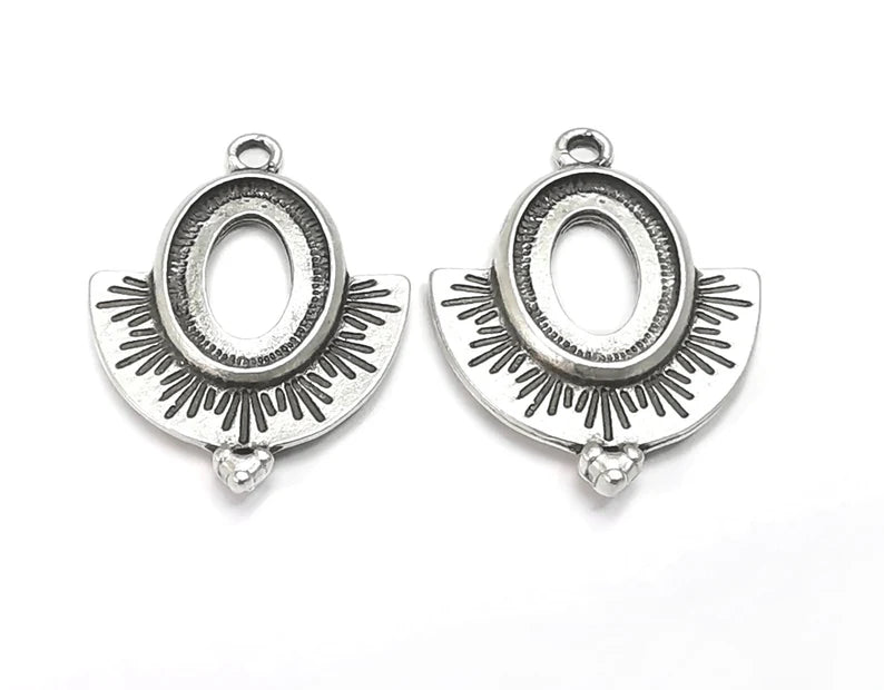Ethnic Silver Charms Blank Resin Bezel Mounting Cabochon Base Setting Antique Silver Plated Charms (14x10mm Blank) G27647