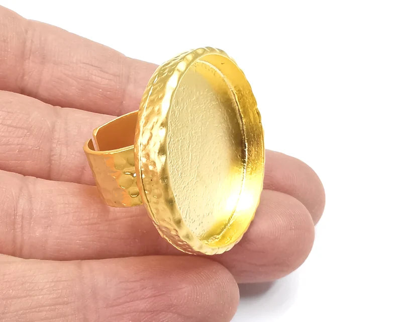 Hammered Ring Blank Setting Cabochon Base inlay Ring Hammered Mounting Adjustable Ring Bezel (30mm blank ) Gold Plated G27649