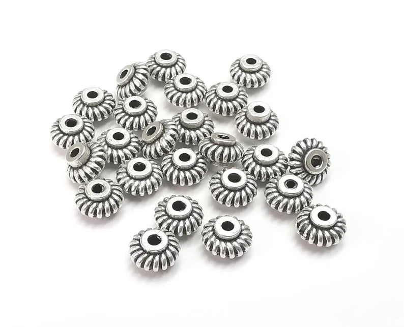Ribbed Round Beads Antique Silver Plated Beads (8mm) G27650