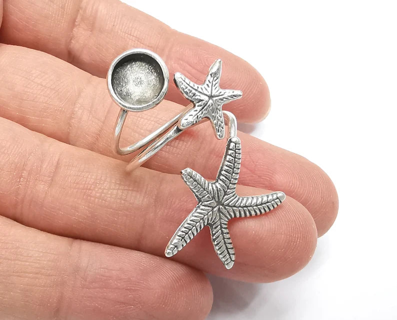 Starfish Blank Silver Ring Setting Cabochon Mounting Adjustable Ring Base Bezel Antique Silver Plated Brass (8 mm) G27511