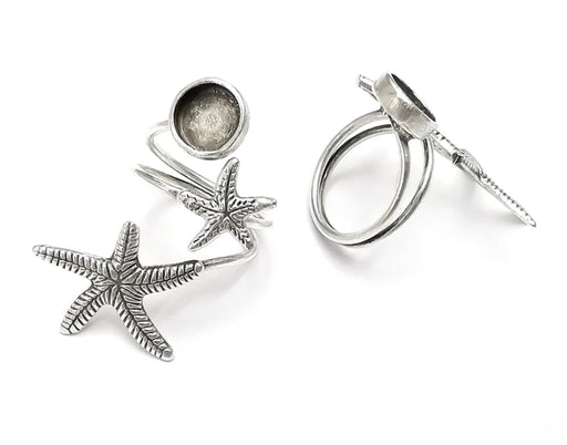 Starfish Blank Silver Ring Setting Cabochon Mounting Adjustable Ring Base Bezel Antique Silver Plated Brass (8 mm) G27511