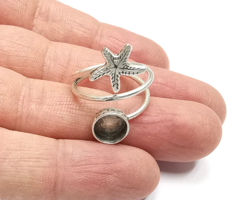 Starfish Wrap Blank Silver Ring Setting Cabochon Mounting Adjustable Ring Base Bezel Antique Silver Plated Brass (8 mm) G27518