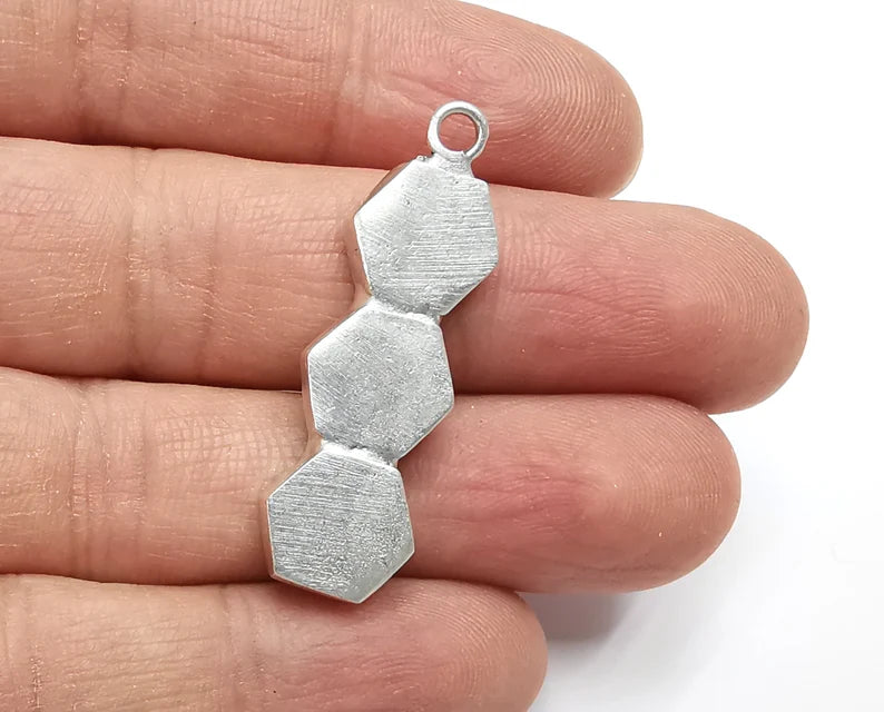 Hexagonal Pendant Blank Resin Bezel Mosaic Mountings Cabochon Setting Antique Silver Plated Brass (40x13mm)(10mm Bezels ) G27519