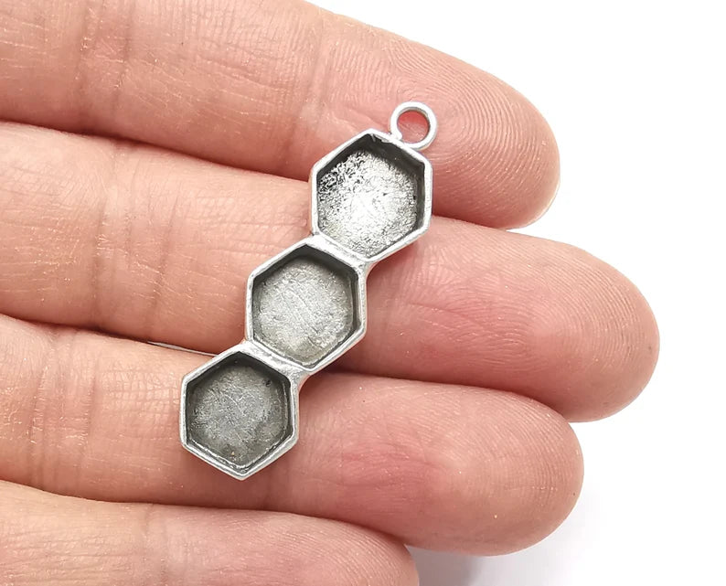 Hexagonal Pendant Blank Resin Bezel Mosaic Mountings Cabochon Setting Antique Silver Plated Brass (40x13mm)(10mm Bezels ) G27519