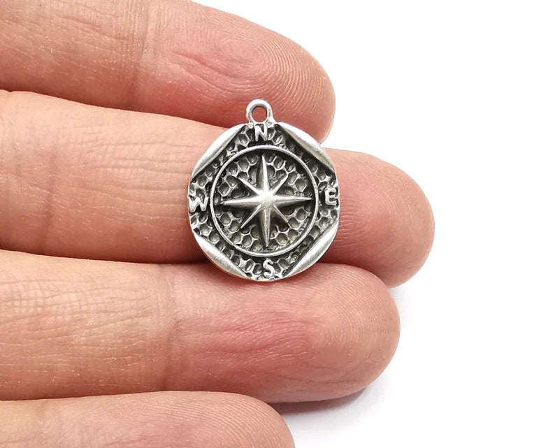 North Star Compass Charms Antique Silver Plated Charm (21x18mm) G27523