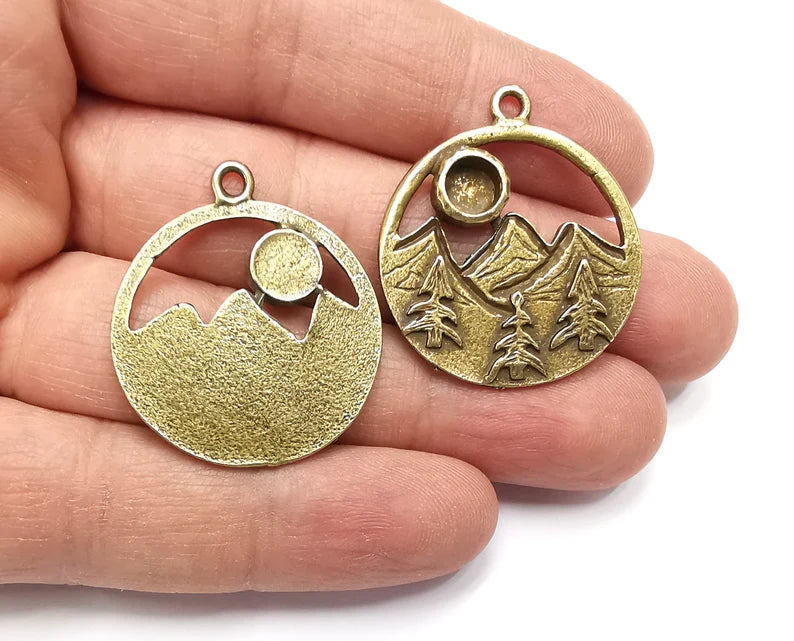 Mountain Landscape Forest Pine Tree Pendant Blank Resin Bezel Mounting Cabochon Base Setting Antique Bronze Plated Charms (6mm Blank) G27525