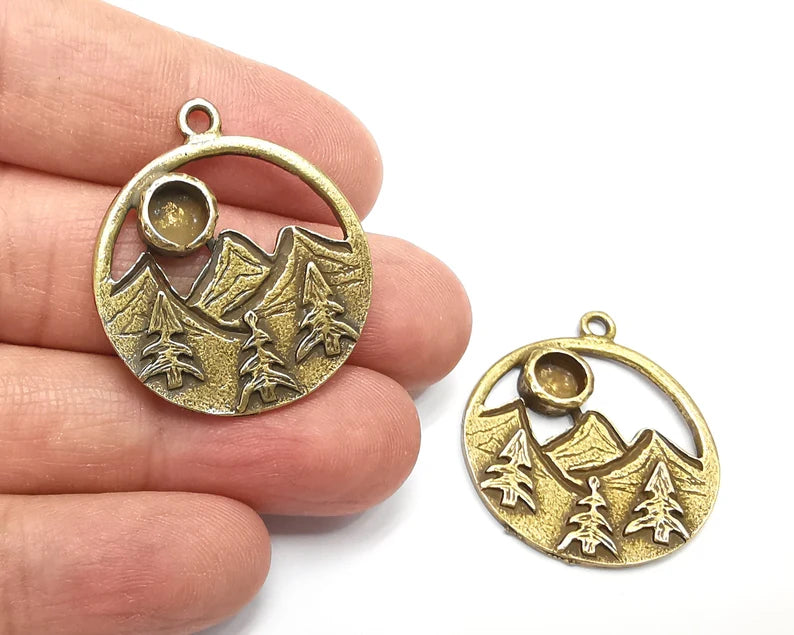 Mountain Landscape Forest Pine Tree Pendant Blank Resin Bezel Mounting Cabochon Base Setting Antique Bronze Plated Charms (6mm Blank) G27525