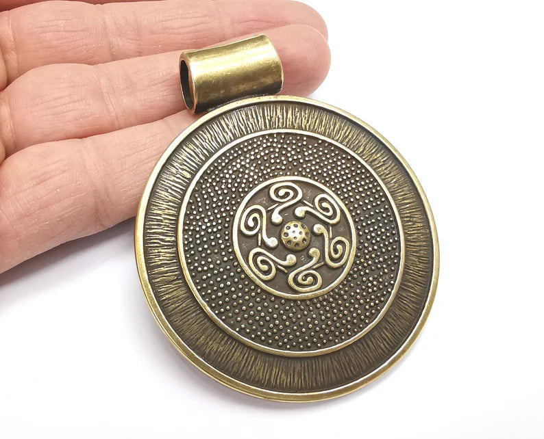 Ethnic Round Pendant Antique Bronze Plated Pendant (75x62mm) G27660