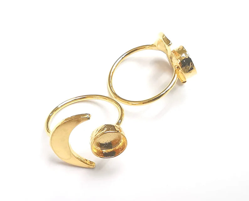 Crescent Moon Ring Blank Base Bezel Settings Cabochon Base Mountings Adjustable , Shiny Gold Plated Brass (8mm Blank) G27661