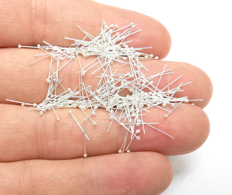 50 Pcs Sterling Silver Ball Head Pins 0.4'', 28ga (Length 0.4inch-10mm) (Thickness 0.32mm - 28 Gauge) 925 Solid Silver Ball Head pin G30221