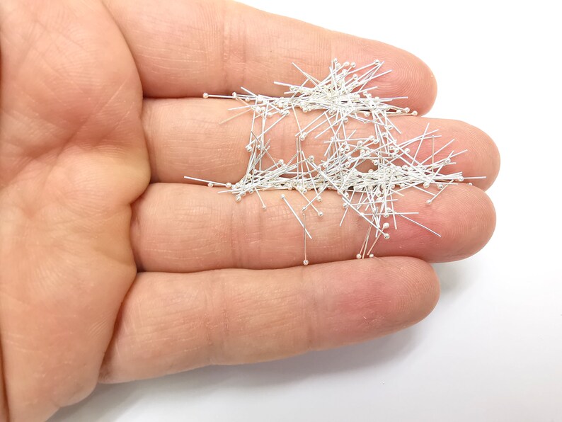 50 Pcs Sterling Silver Ball Head Pins 0.4'', 28ga (Length 0.4inch-10mm) (Thickness 0.32mm - 28 Gauge) 925 Solid Silver Ball Head pin G30221
