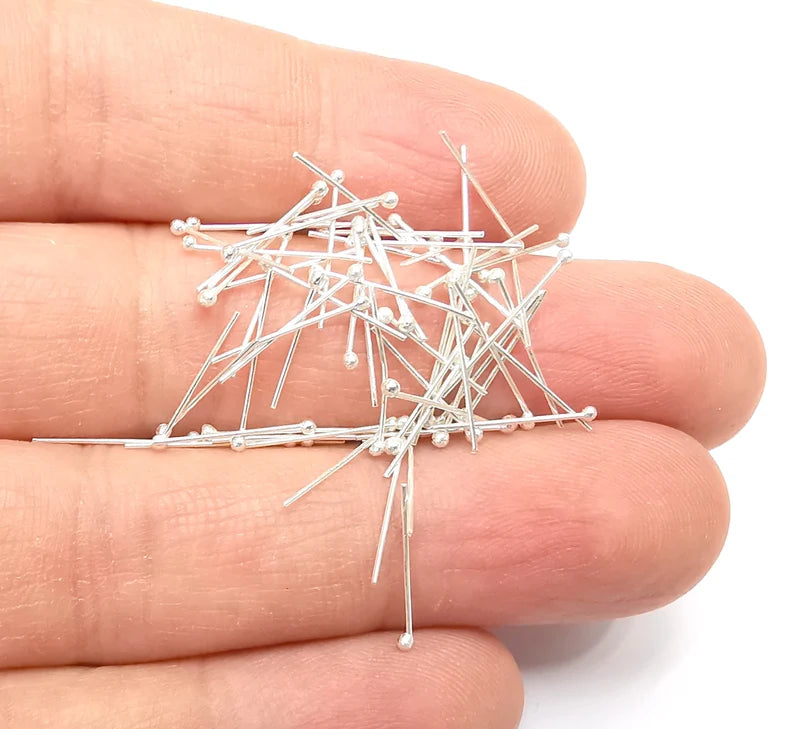 20 Sterling Silver Ball Head Pins 0.55'', 24ga (Length 0.55 inch - 14mm) (0.5mm - 24 Gauge) 10 Pcs 925 Silver Ball Head pin G30110