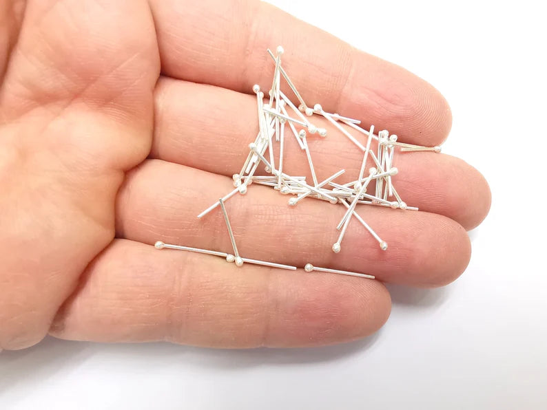 10Pcs Sterling Silver Ball Head Pins 0.55'', 21ga (Length 0.55 inch-15mm) (Thickness 0,7mm-21 Gauge) 925 Solid Silver Ball Head pin G30166