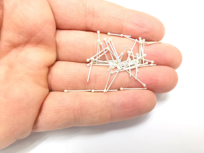 10Pcs Sterling Silver Ball Head Pins 0.55'', 21ga (Length 0.55 inch-15mm) (Thickness 0,7mm-21 Gauge) 925 Solid Silver Ball Head pin G30166