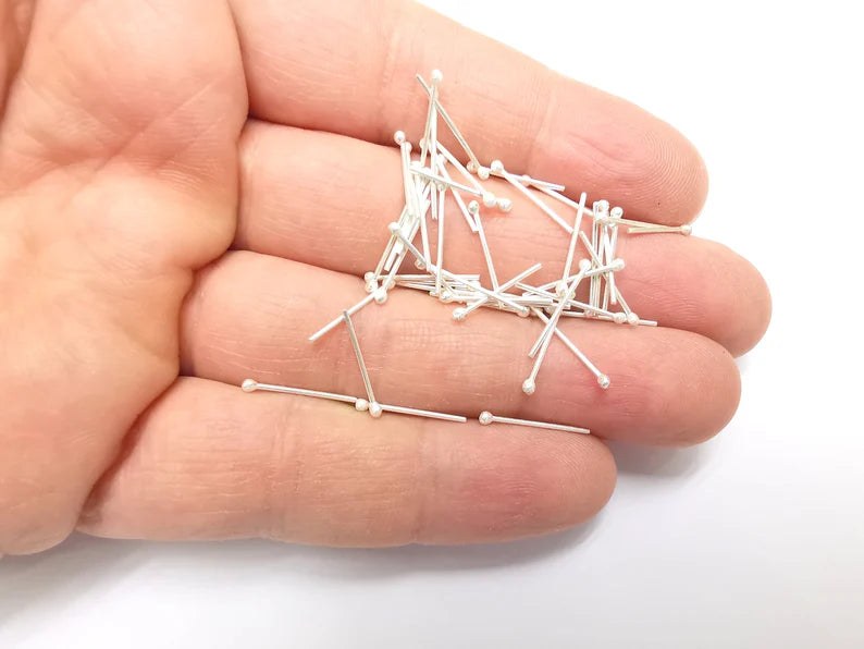 10Pcs Sterling Silver Ball Head Pins 0.55'', 21ga (Length 0.55 inch-15mm) (Thickness 0,7mm-21 Gauge) 925 Solid Silver Ball Head pin G30166
