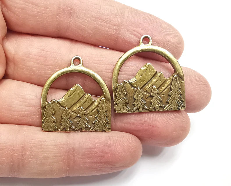 Mountain Landscape Pine Tree Pendant Charms Antique Bronze Plated Pendant (29x26mm) G27682