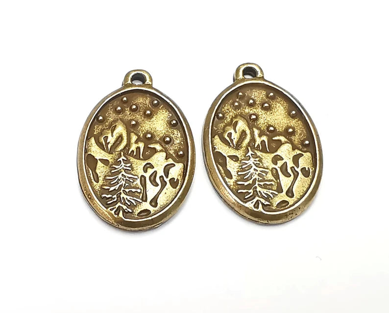 Winter Mountain Landscape Pine Tree Oval Pendant Charms Antique Bronze Plated Charms (29x19mm) G27702