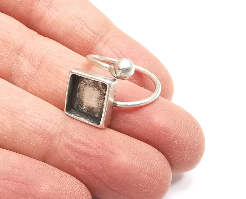 Wrap Ball Square Blank Silver Ring Setting Cabochon Mounting Adjustable Ring Base Bezel Antique Silver Plated Brass (10mm blank) G27707