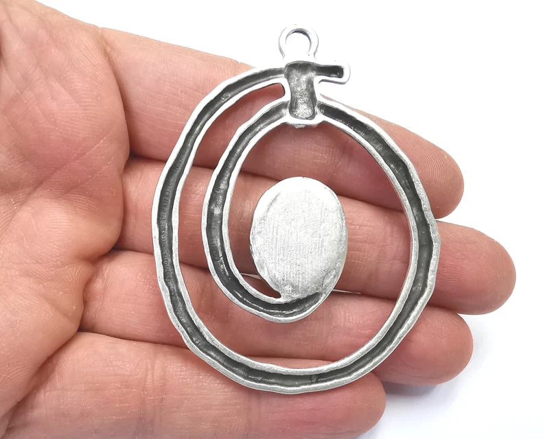 Swirl Hammered Silver Pendant Base Bezel Setting Blank Antique Silver Plated Pendant 70x54mm (20x15mm blank) G27717