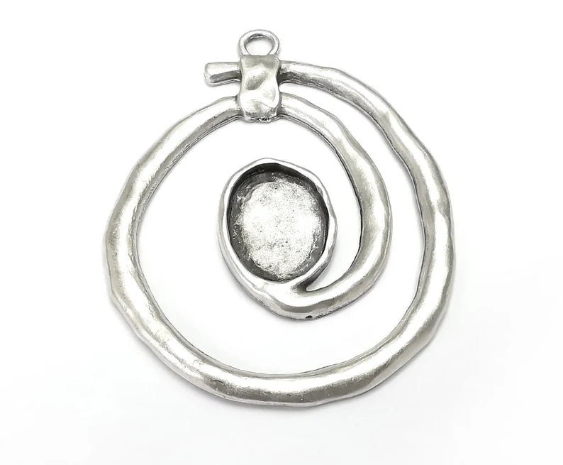 Swirl Hammered Silver Pendant Base Bezel Setting Blank Antique Silver Plated Pendant 70x54mm (20x15mm blank) G27717