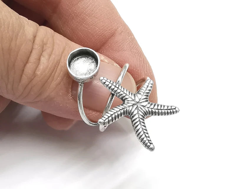 Starfish Wrap Blank Silver Ring Setting Cabochon Mounting Adjustable Ring Base Bezel Antique Silver Plated Brass (8 mm) G27565