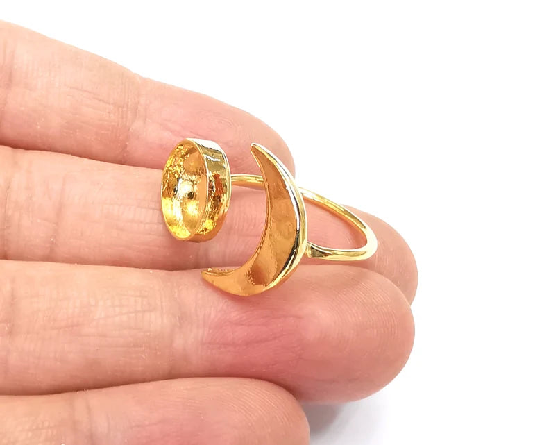 Crescent Moon Ring Blank Base Bezel Settings Cabochon Base Mountings Adjustable , Shiny Gold Plated Brass (12mm Blank) G27727