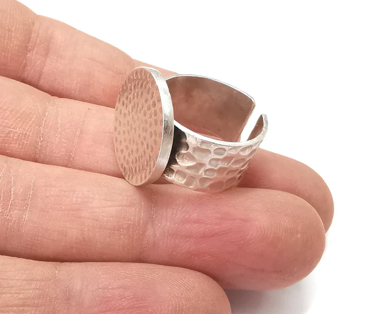 Ring Blank Setting Hammered Ring Base Ring Backs Glass Cabochon Mounting Adjustable Antique Silver Plated Ring (18mm ) G27579