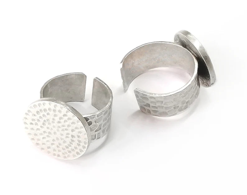 Ring Blank Setting Hammered Ring Base Ring Backs Glass Cabochon Mounting Adjustable Antique Silver Plated Ring (18mm ) G27579