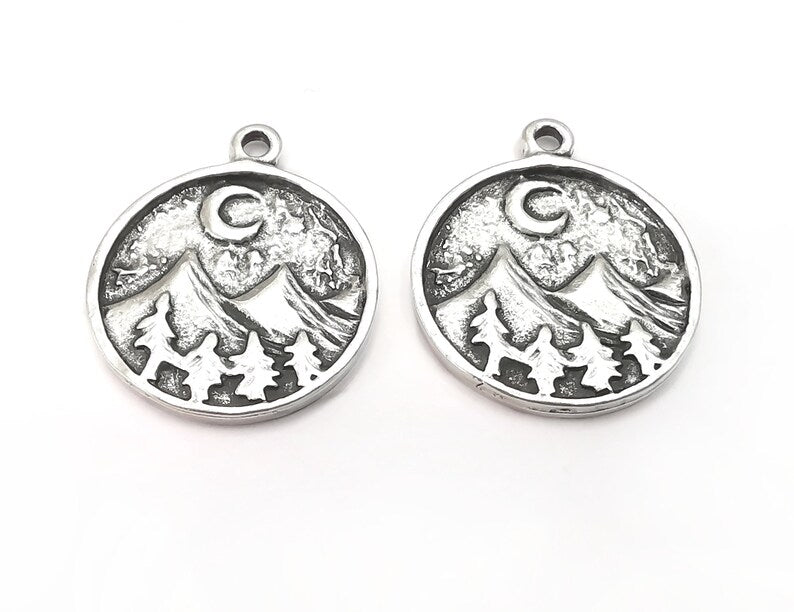 2 Mountain Landscape Pine Tree Crescent Moon Round Charms Pendant Antique Silver Plated Charms (26x22mm) G27736