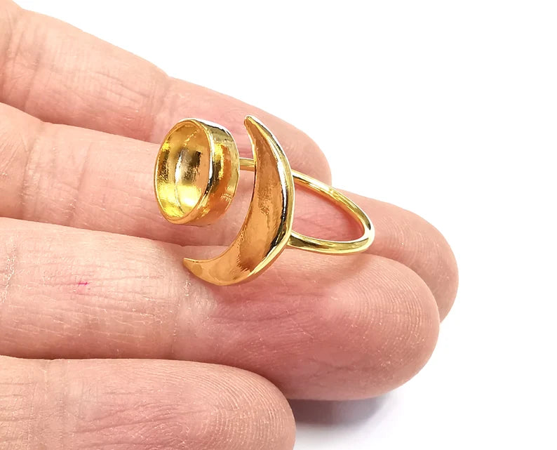Crescent Moon Ring Blank Base Bezel Settings Cabochon Base Mountings Adjustable , Shiny Gold Plated Brass (10mm Blank) G27737