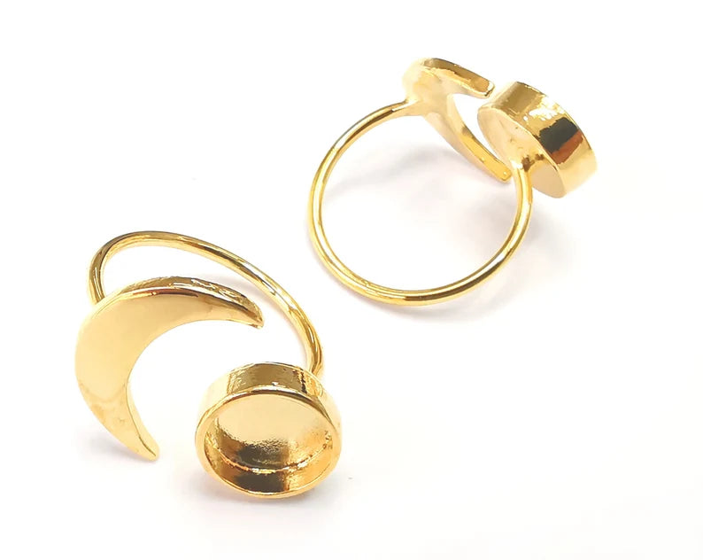 Crescent Moon Ring Blank Base Bezel Settings Cabochon Base Mountings Adjustable , Shiny Gold Plated Brass (10mm Blank) G27737