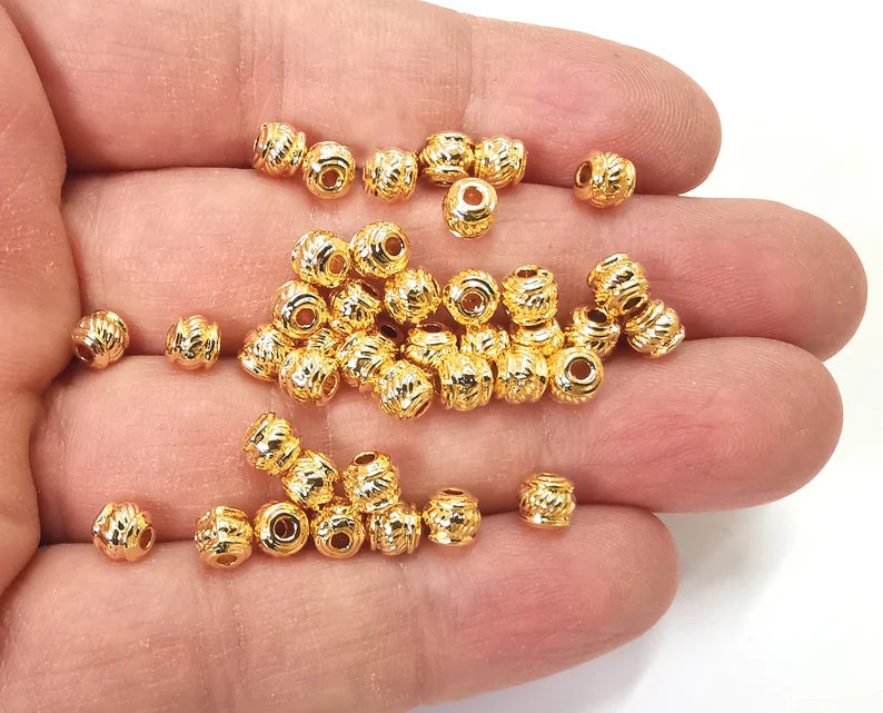 Ribbed Cylinder Beads Shiny Gold Plated Beads (5mm) G27585