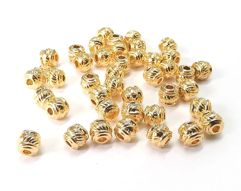 Ribbed Cylinder Beads Shiny Gold Plated Beads (5mm) G27585