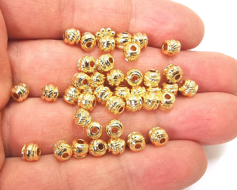 Ribbed Cylinder Beads Shiny Gold Plated Beads (5mm) G27585