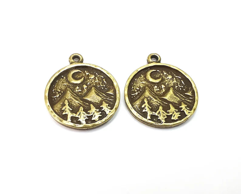 Mountain Landscape Pine Tree Crescent Moon Round Charms Pendant Antique Bronze Plated Charms (26x22mm) G27744