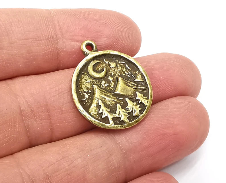 Mountain Landscape Pine Tree Crescent Moon Round Charms Pendant Antique Bronze Plated Charms (26x22mm) G27744