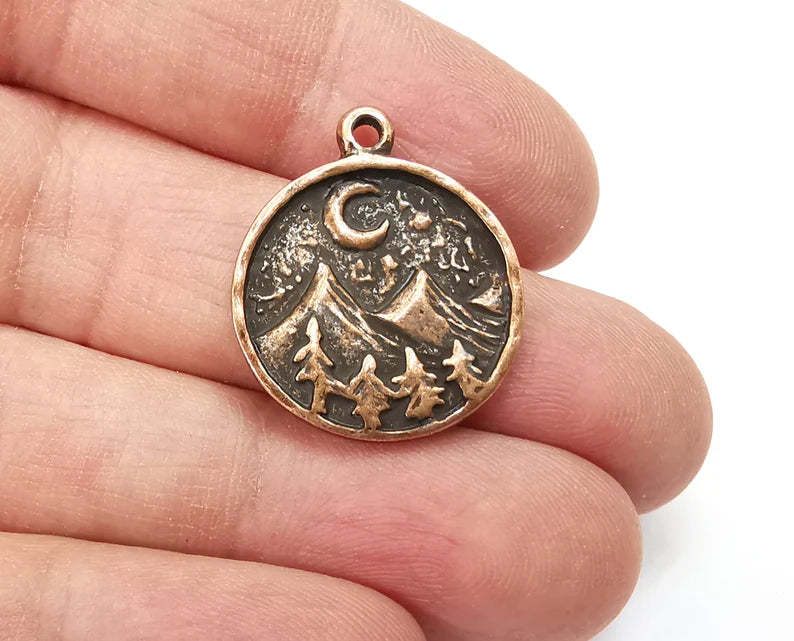 Mountain Landscape Pine Tree Crescent Moon Round Charms Pendant Antique Copper Plated Charms (26x22mm) G27750