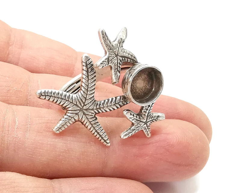 Starfish Blank Silver Ring Setting Cabochon Mounting Adjustable Ring Base Bezel Antique Silver Plated Brass (8 mm) G27601