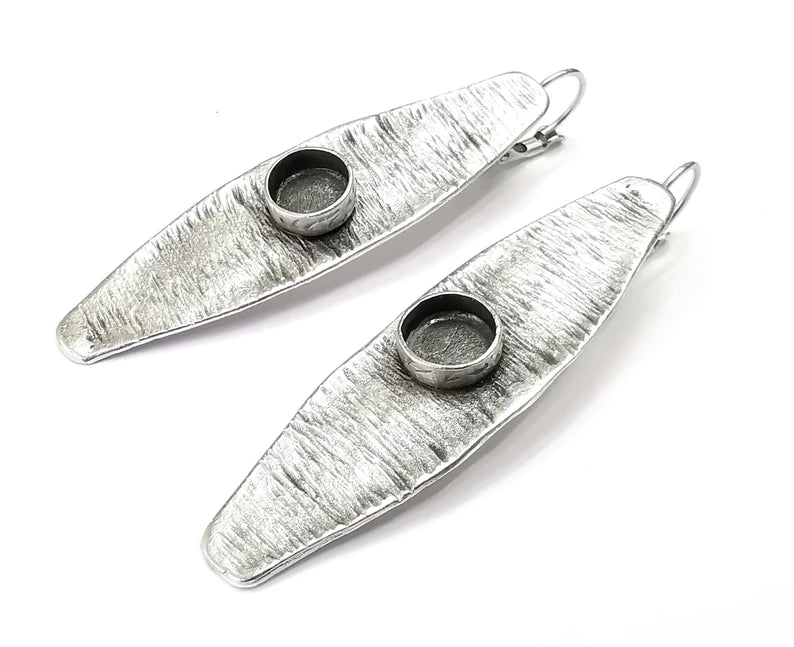 Ethnic Oval Earring Blank Base Settings Silver Resin Cabochon Inlay Blank Mountings Antique Silver Plated Brass (8mm blanks) 1 Set G27758