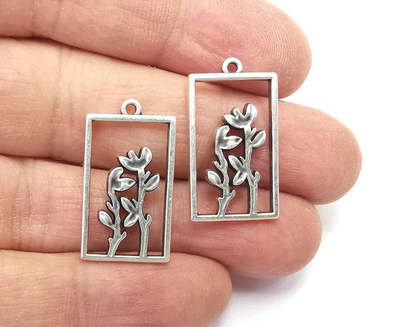 Flower Plant Charms Antique Silver Plated Charm (27x15mm) G27761