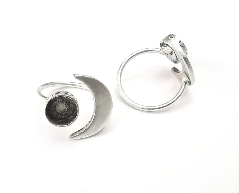 Crescent Moon Silver Ring Blank Base Bezel Settings Cabochon Base Mountings Adjustable , Antique Silver Plated Brass (8mm Blank) G27627