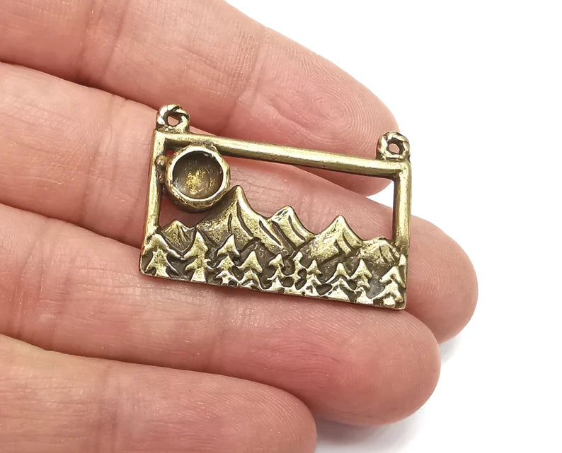 Mountain Landscape Pine Tree Connector Pendant Charms Antique Bronze Plated Pendant (35x32mm) G27783