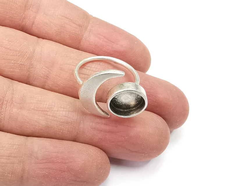 Crescent Moon Silver Ring Blank Base Bezel Settings Cabochon Base Mountings Adjustable , Antique Silver Plated Brass (10mm Blank) G27638