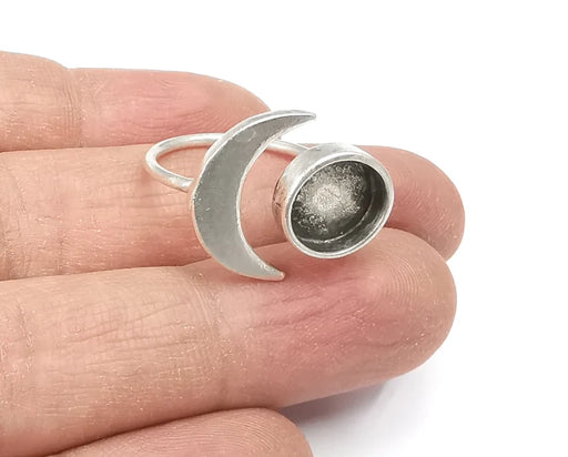 Crescent Moon Silver Ring Blank Base Bezel Settings Cabochon Base Mountings Adjustable , Antique Silver Plated Brass (10mm Blank) G27638