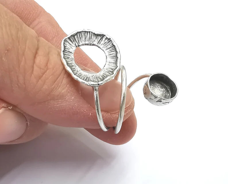 Wrap Round Blank Silver Ring Setting Cabochon Mounting Adjustable Base Bezel Antique Silver Plated Brass (8mm blank) G27642