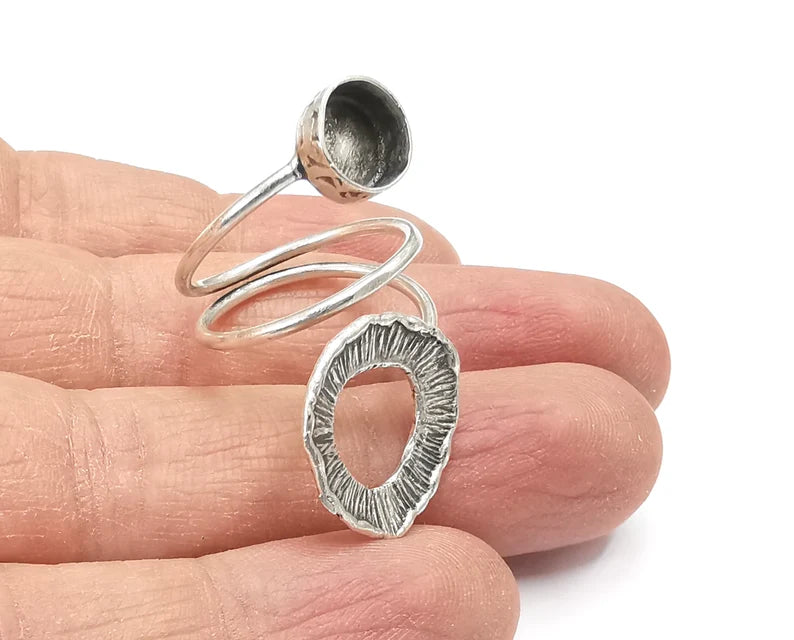 Wrap Round Blank Silver Ring Setting Cabochon Mounting Adjustable Base Bezel Antique Silver Plated Brass (8mm blank) G27642