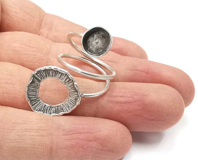 Wrap Round Blank Silver Ring Setting Cabochon Mounting Adjustable Base Bezel Antique Silver Plated Brass (8mm blank) G27642