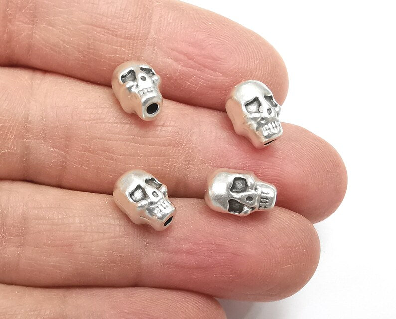 4 Skull Beads Antique Silver Plated Beads (11x7mm) G27646